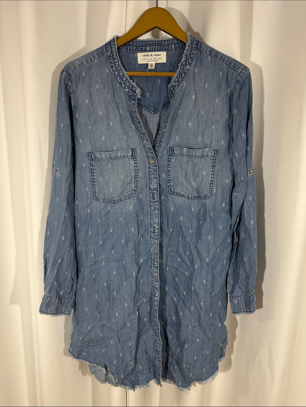 Anthropologie Cloth & Stone Chambray Shirt Dress Tencel Lyocell Roll Tab Sleeve